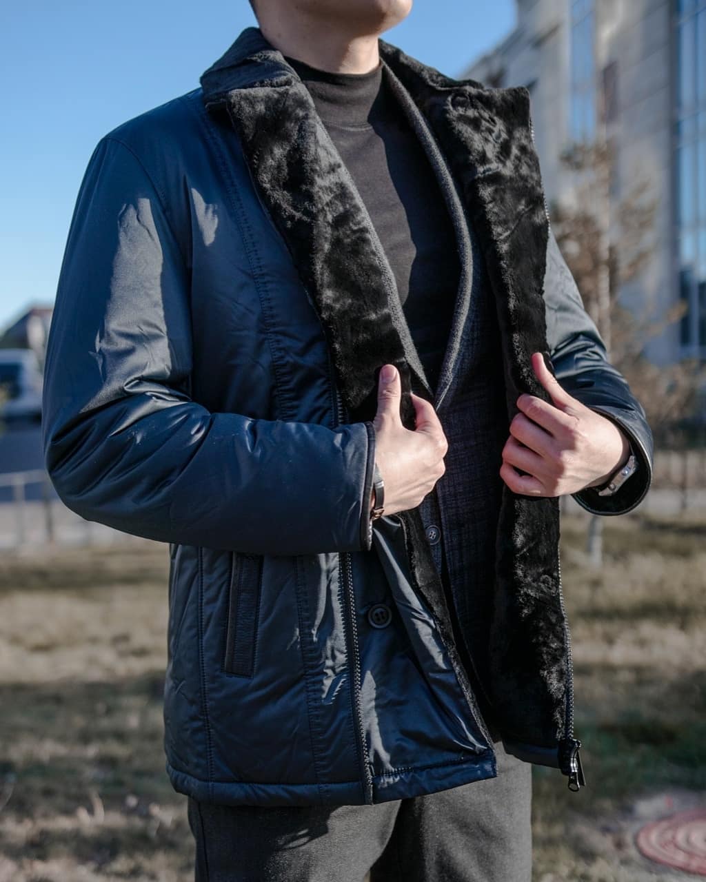 Мужская куртка (натуральный мутон воротник) кэжуал